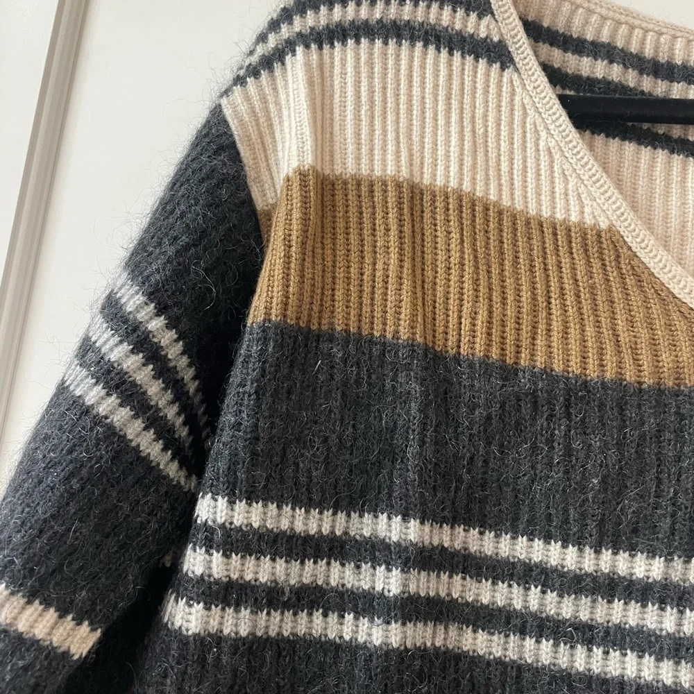 Brunello Cucinelli Striped V-Neck Women’s Sweater in Cream, Black & Olive